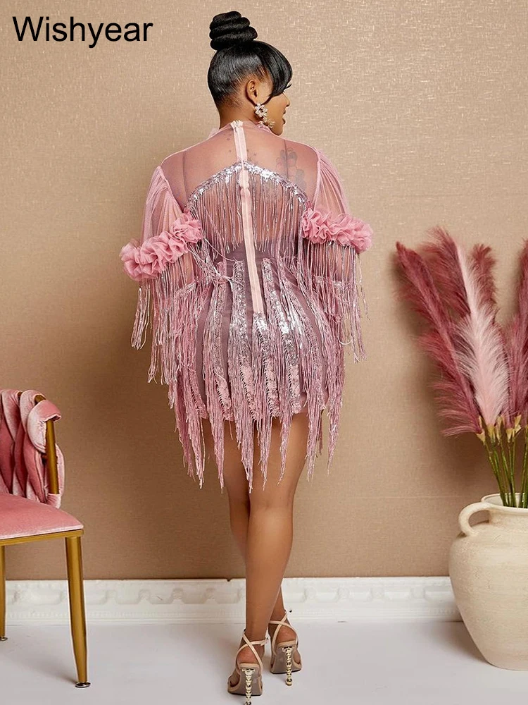 New Pink Sequin Tassel Mesh Fuffles Prom Bar Short Dress Women Birthday Party Evening Celebrate Performence Costume Vestidos