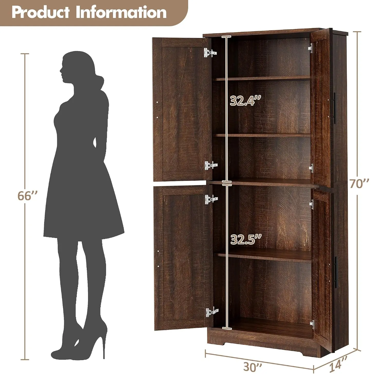 Kitchen Pantry Cabinet, 70 Inch Tall Storage Cabinet with Doors and Adjustable Shelves, Freestanding Wooden Classic Cupboard