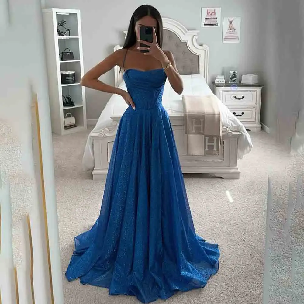 

Strapless Spaghetti Straps Pleated Sequins Sparkly Prom Dress for Women A-line Court Backless Prom Party Gown robes de soirée