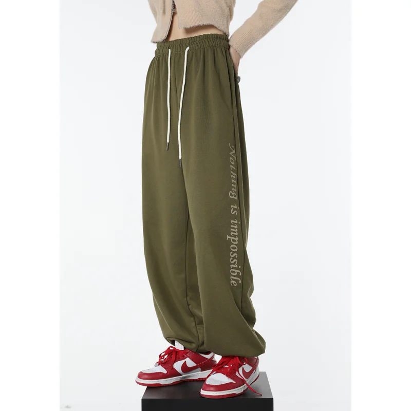 Pantalon de survêtement vert pour femmes, lettres imprimées, ample, taille haute, Vintage, Baggy, mode américaine, jambes larges et droites