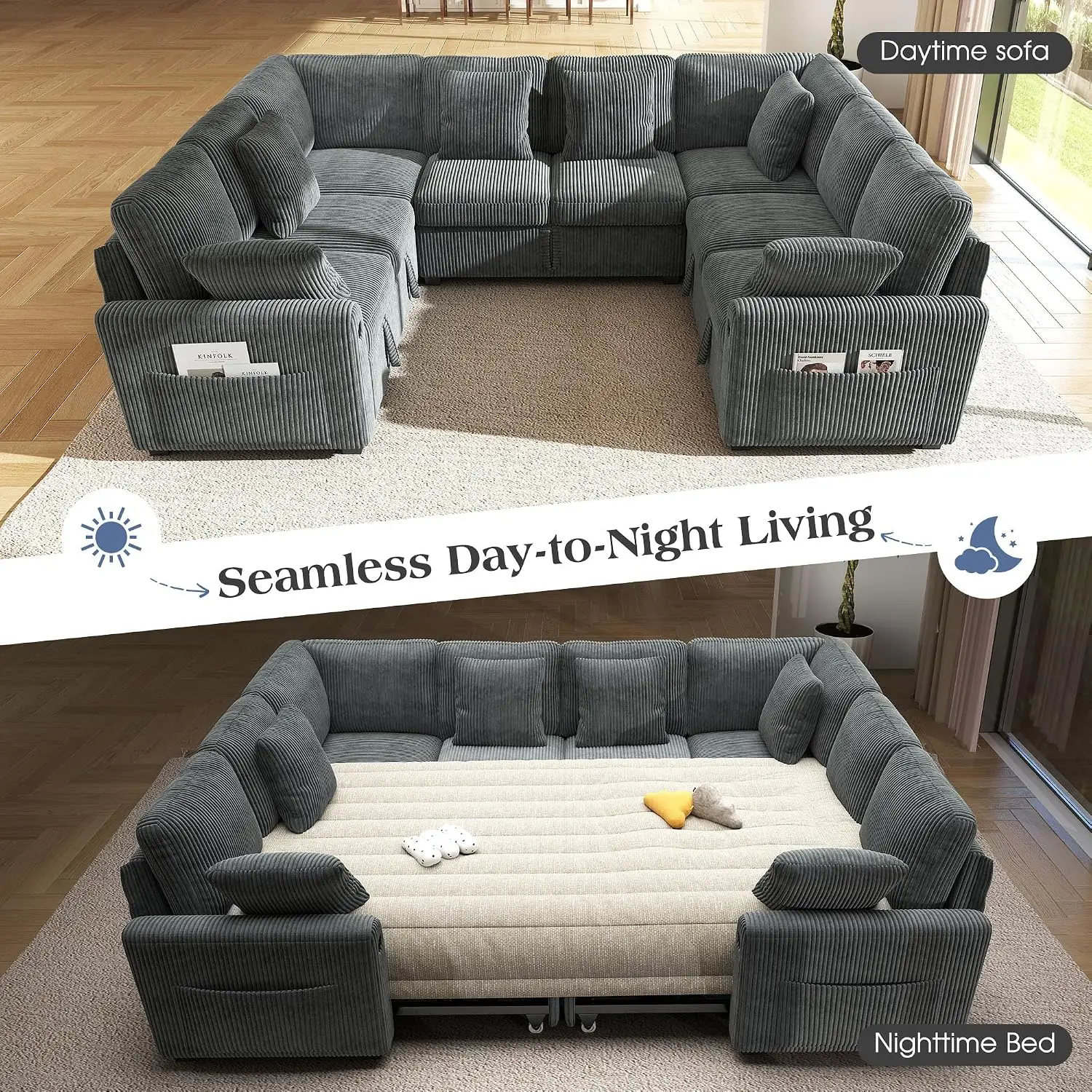 8-Seater Large Sectional Sofa Bed with Storage Lovescat, Corduroy Modular Sleeper Sofa with USB Port & 6 Pillows,, Customized