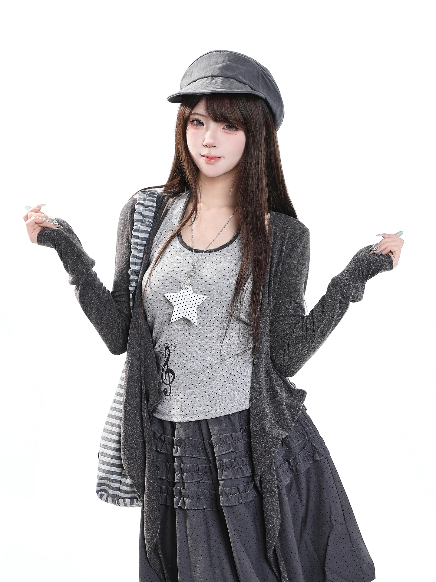 Retro Korean Style Long Sleeve Open Cardigan Two-Piece Set Loose Design Unique Beauty Small Top for Women Autumn Season