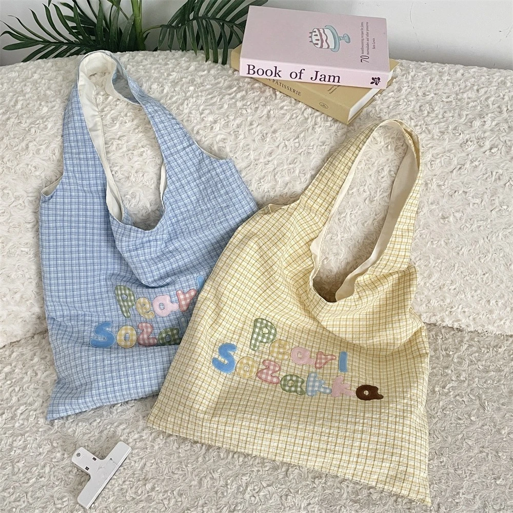 

Letters Embroidered Plaid Single Shoulder Bag Women's Tote Bag Casual Large Capacity Handbags for Women Travel Shopping Bag