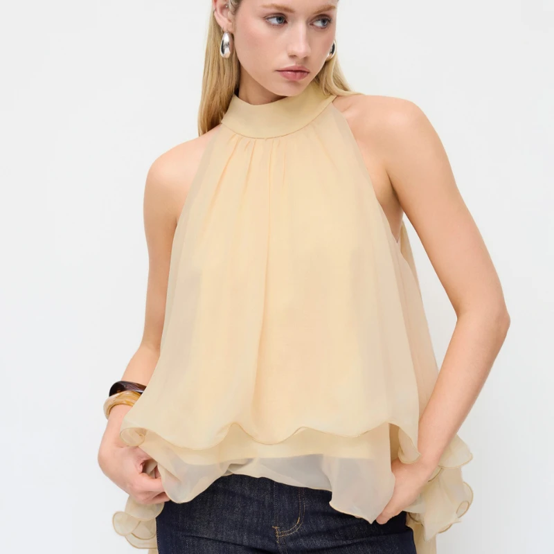 Cross Border Foreign Trade Hot Item Hanging Neck Chiffon Shirt for Women Sleeveless Exposed Shoulder Flowing Lotus Leaf Edge Top