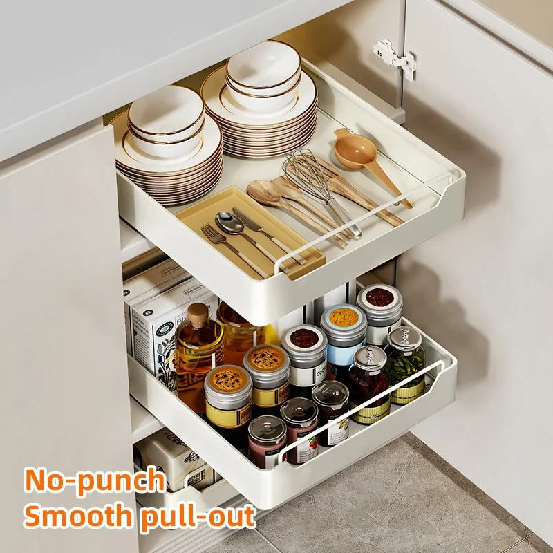 Pull-out Storage Box, Drilling Free, Kitchen organized Sliding Track Design, Multifunctional Storage Box