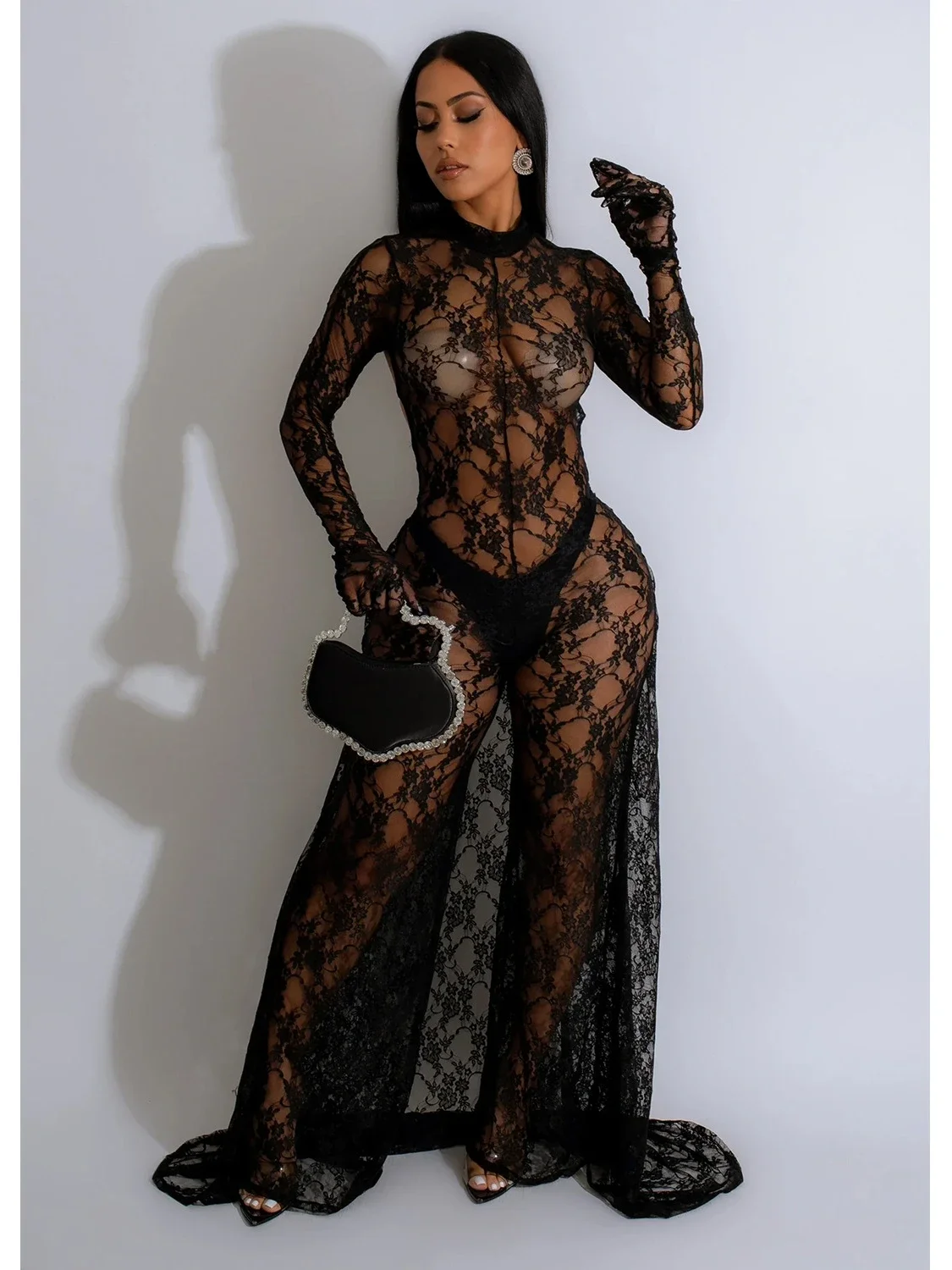 Bwq Frauen 2024 Mode Mesh sehen durch Stickerei sexy Party Club Kleid Stil Overall einteiligen Anzug Spiel anzüge Stram pler