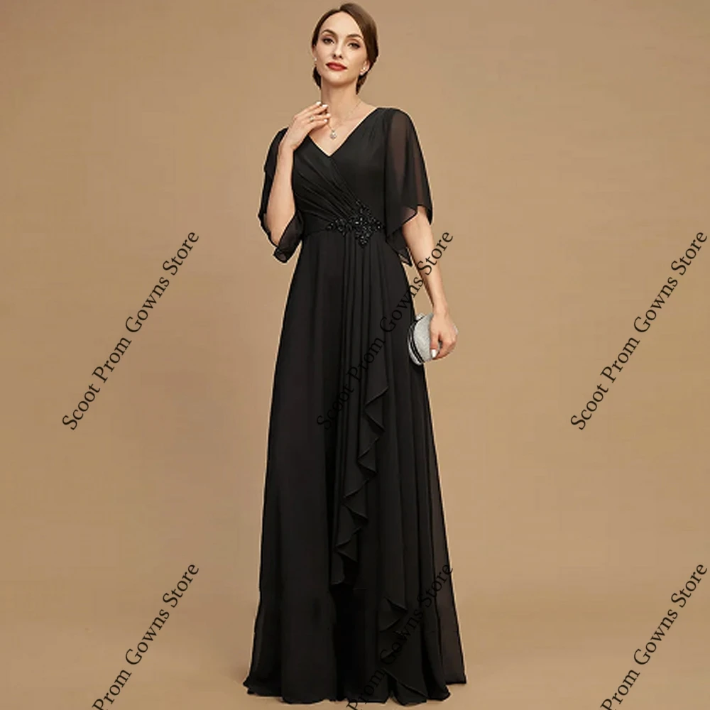 

Charming Black Mother of Bride Dresses Half Sleeve Wedding Party Dresses for Women 2025 Summer New Beach Chiffon Robe De Soirée