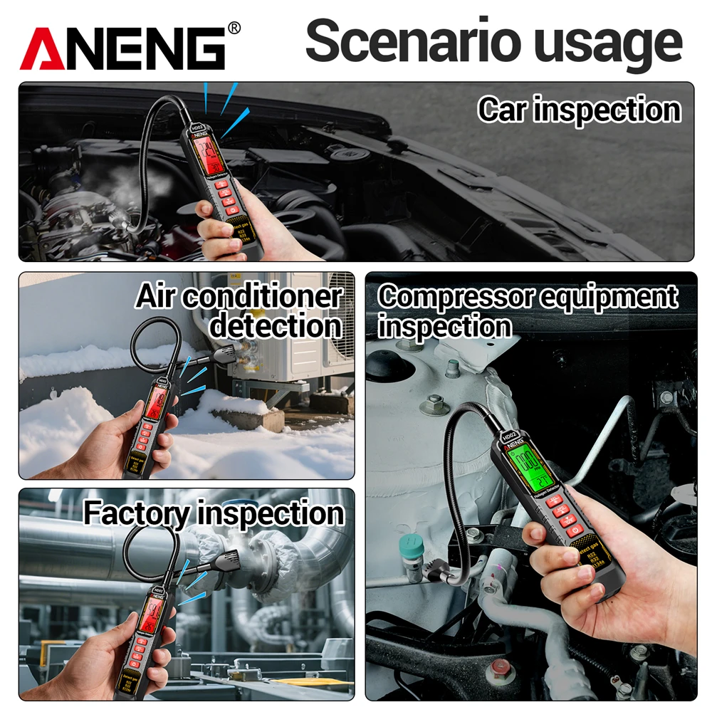 Detektor Kebocoran Gas Halogen Profesional ANENG HD02 0~1000PPM Penguji Refrigeran R22/R32/R134a Layar LCD Alarm Visual dan Suara