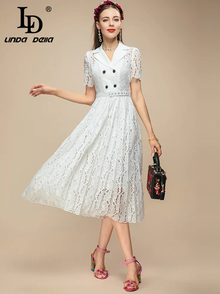 

LD LINDA DELLA Fashion Designer Summer Dress Women's Short sleeve Hollow out Belted Embroidery white Elegant Party Midi Dresses