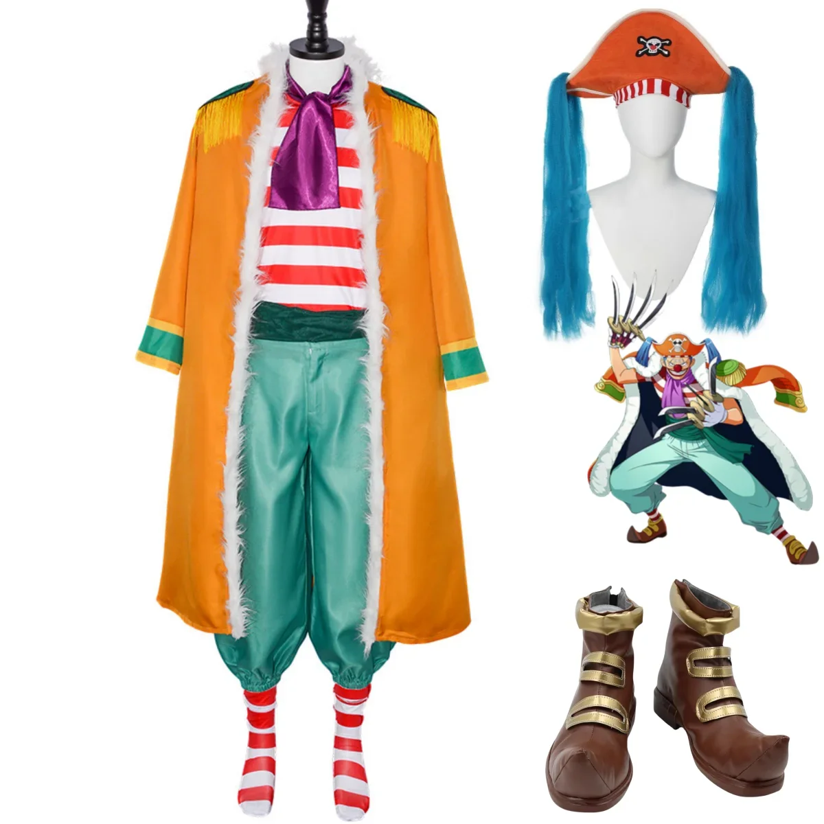 Anime Clown Buggy Cosplay Costume Bara Bara No Mi Chop-Chop Fruit Yellow Cloak Uniform Hat Wig Shoes Man Woman Halloween Suit