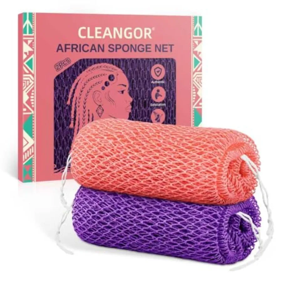 Cleangor 2Pcs African Net Sponge Authentic with Knots - Exfoliating Body Scrubber for All Skin Types, African Bath Sponge, Wash