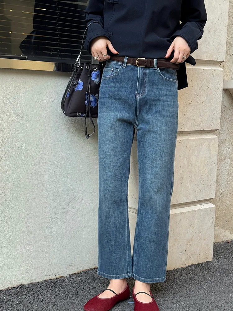 

Синие прямые джинсы для женщин, осенние повседневные укороченные брюки с высокой талией на молнии, облегающие, без стрейча