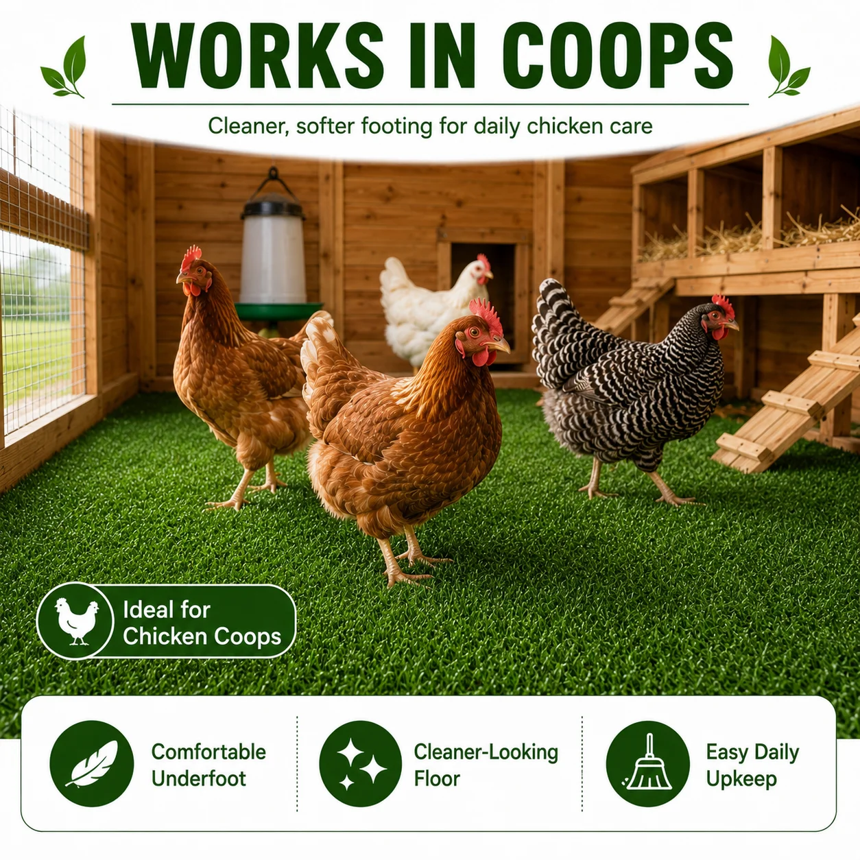 6FT X 30FT Artificial Grass Turf Roll 0.4in Poultry Coop Flooring Mat Quick Drain Synthetic Rug Black Backing Easy Clean Outdoor Farm Cover with Stakes for Chickens & Ducks