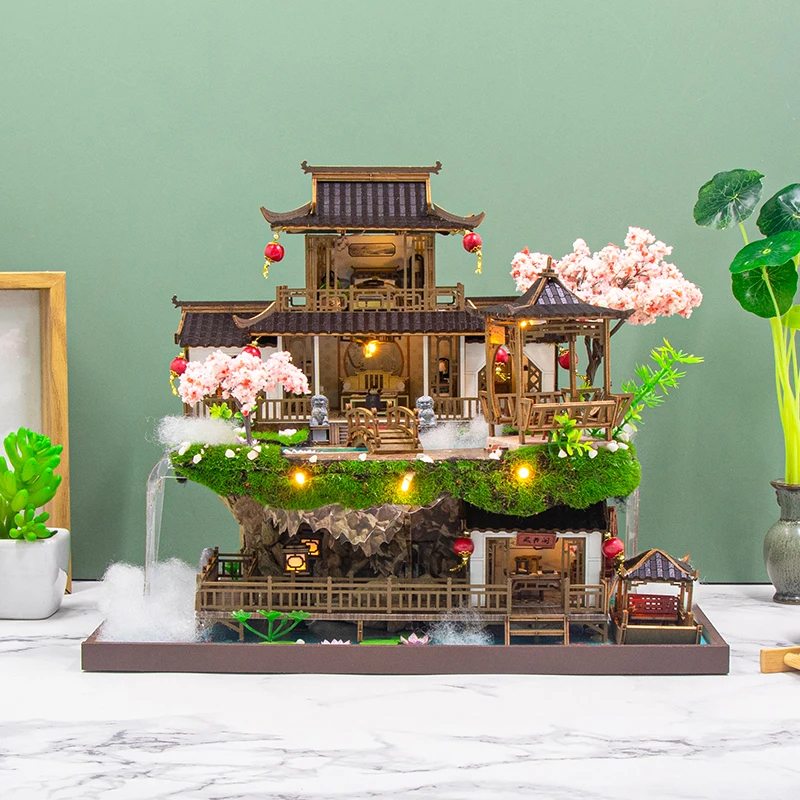 DIY Drewniane Domki dla Lalek w Stylu Bajkowym Miniaturowe Zestawy Modelarskie Chiński Starożytny Domek dla Lalek z Meblami Puzzle 3D na Prezent dla Przyjaciół