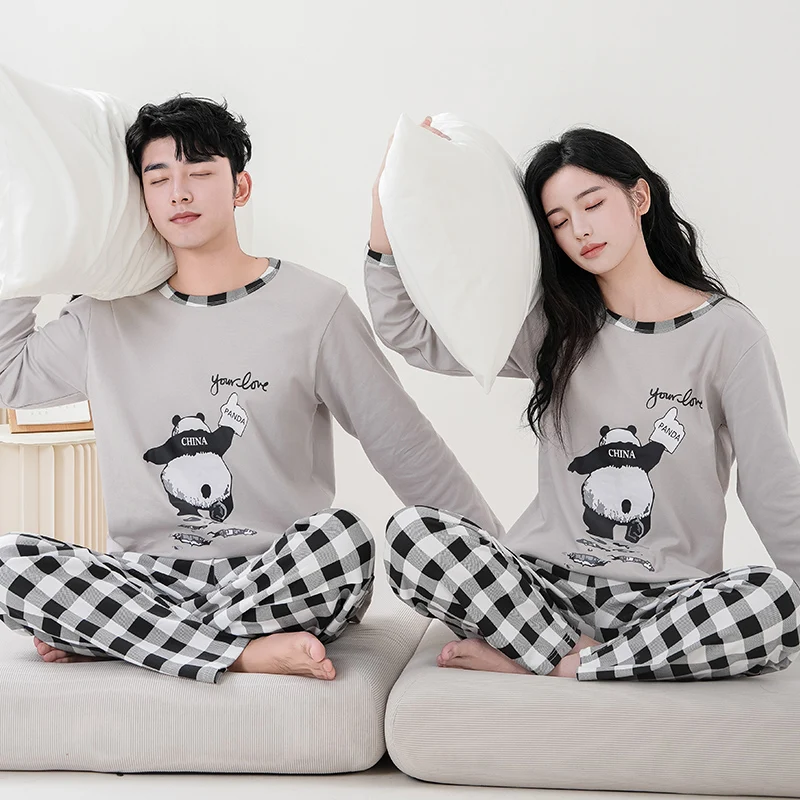 Pajamas For Couples Spring Autumn Animal Panda Comfortable Lady\'s Long Sleeve Cotton Leisure Home Clothes And Nightwear Suit 4XL