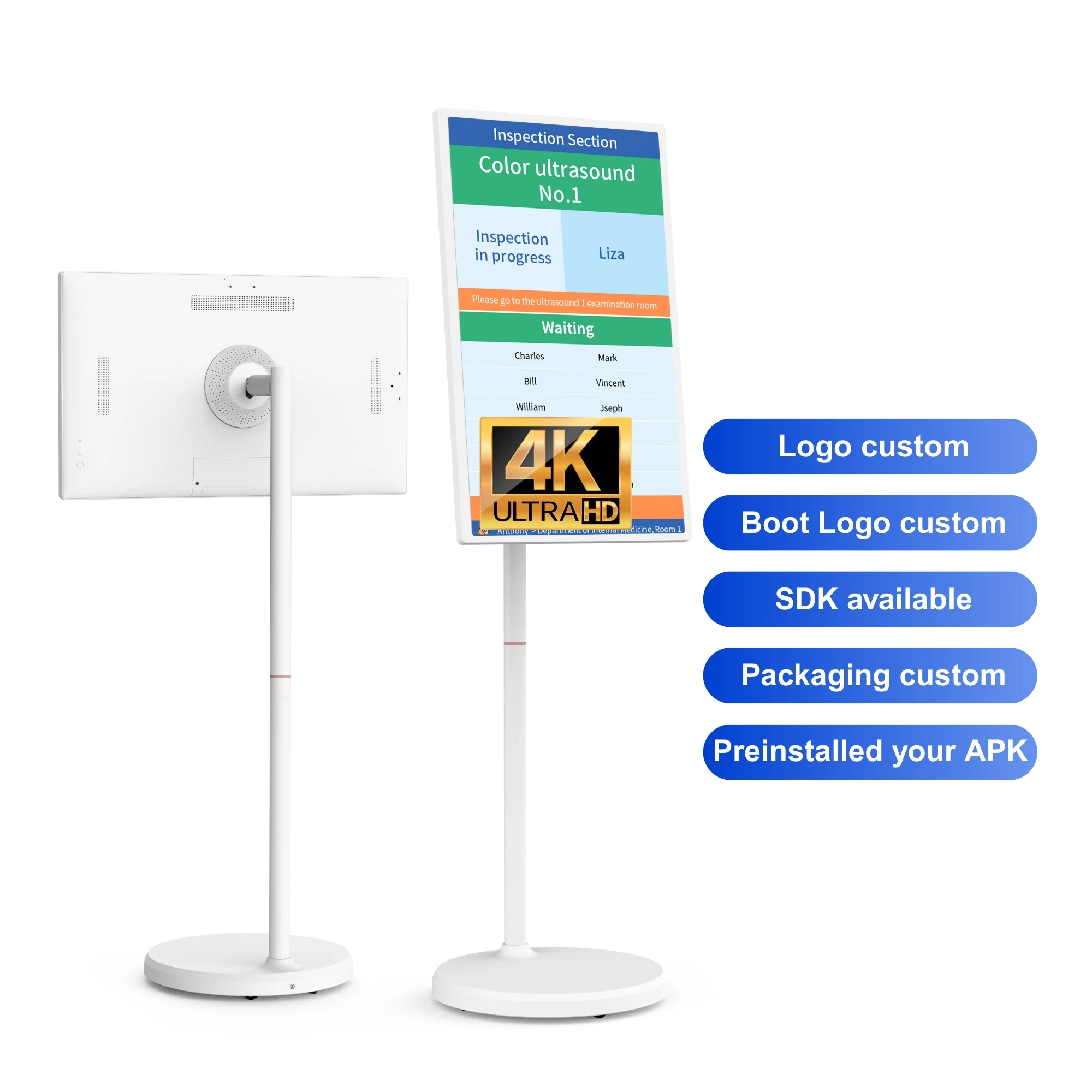 

32-Inch 4K FHD LCD Wireless Touch Screen Android 13 8+128GB Portable Rotating Digital Signage Display For Hospital