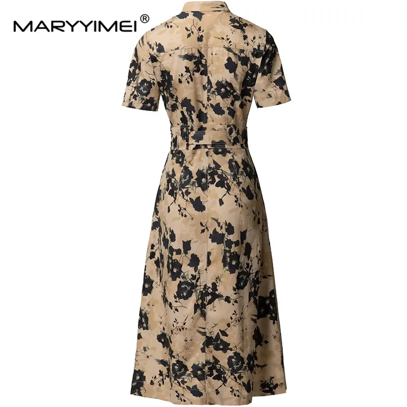 MARYYIMEI Fashion Design Spring Summer Women\'s Cotton Vintage Stand Collar Short-Sleeved Lace-UP Print Single Breasted Dresses