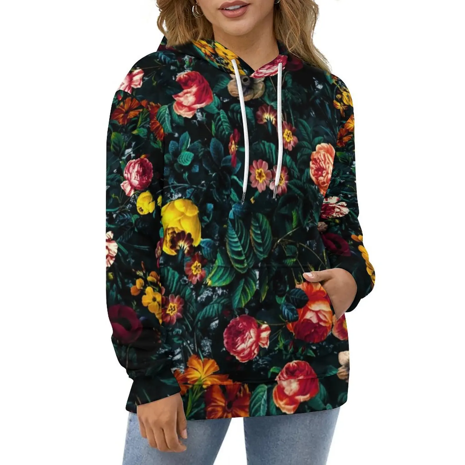 Vintage Leaf Print Casual Hoodies Night Garden Floral Modern Hoodie Ladies Long Sleeve Classic Graphic Loose Oversized Clothing