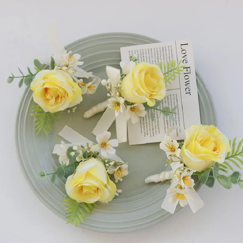 Boutonniere y ramillete de muñeca, suministros de boda, banquete, invitados, flores simuladas, novia y novio, amarillo, 519