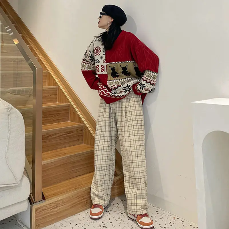 Wide Leg Pants Women Spring Baggy Boyfriend Unisex Teens Trouser Cozy Joggers Plaid Retro Pantalones College Harajuku New Korean