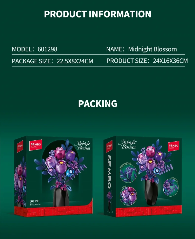 SEMBO Ewiger Blumenstrauß Bausatz MOC Rosen-Modell Bausteine Spielzeug Vase Heimdekoration Geburtstags-/Festtagsgeschenke – Detail 6