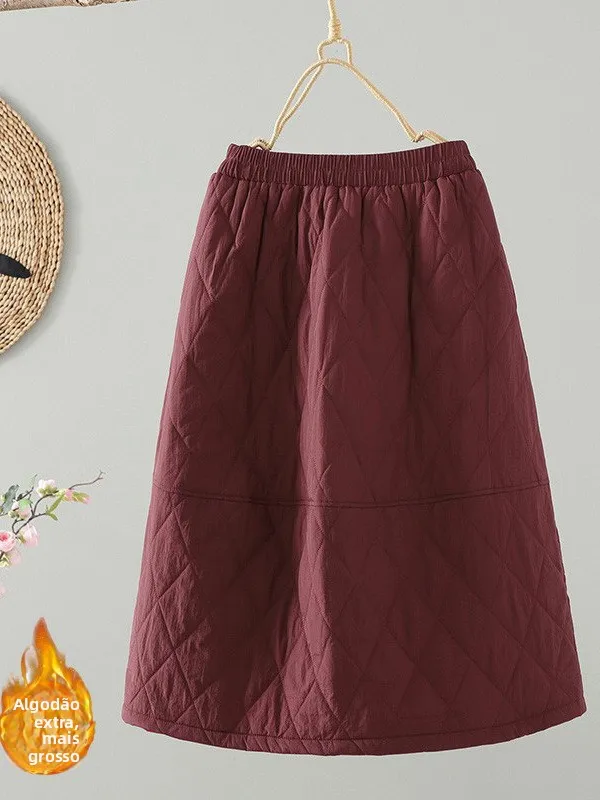 

High Waist Thickened Warm A-Line Midi Skirt for Women Winter Cotton Half Skirt Large Size Retro Commute Casual Style