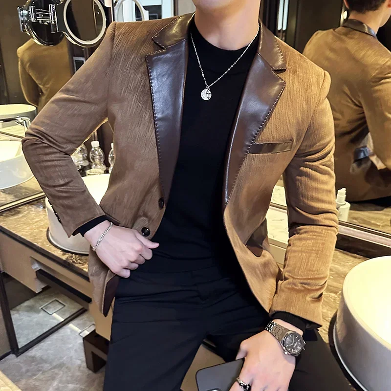 High-end Fashion All-in-one Banquet Casual Hipster Man Handsome Matching Leather Suit Jacket Texture Sense of Deerskin Velvet