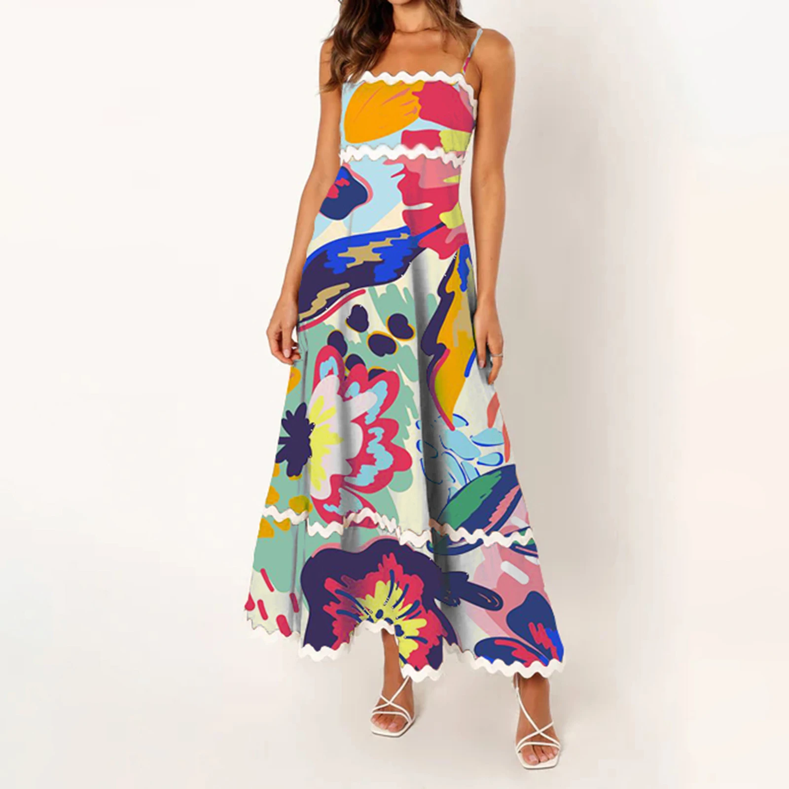 Damska sukienka Boho Colorful Spaghetti Strap Dress Y2k Sleeveless Smocked A-line Swing Flowy Maxi Dress Vacation Sundress