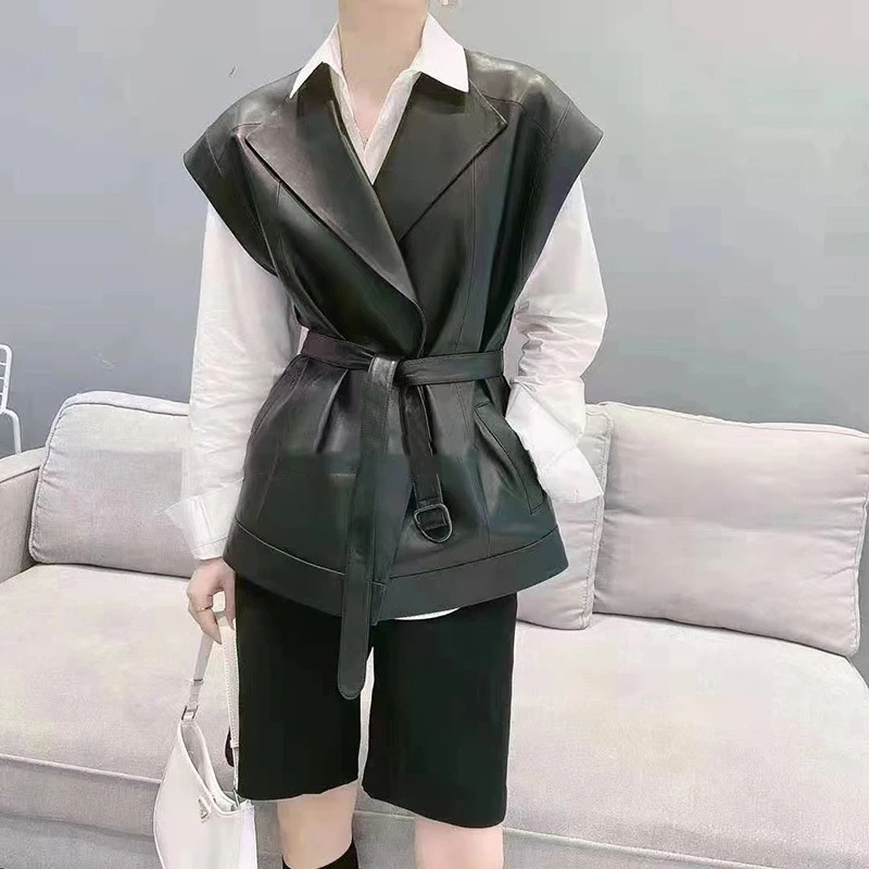 

Real Leather Clothes Women's Mid-length Sheepskin Vest Coats 2025 Chic Lace-up Belt Lady Casual Loose Leather Waistcoat Tops
