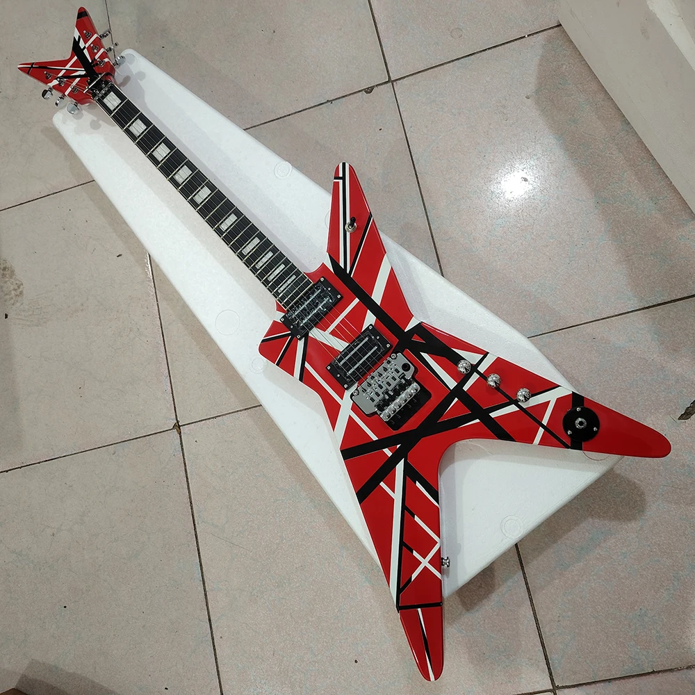 

High quality red, white, black line shaped Floyd vibrato system electric guitar, in stock and shipped quickly