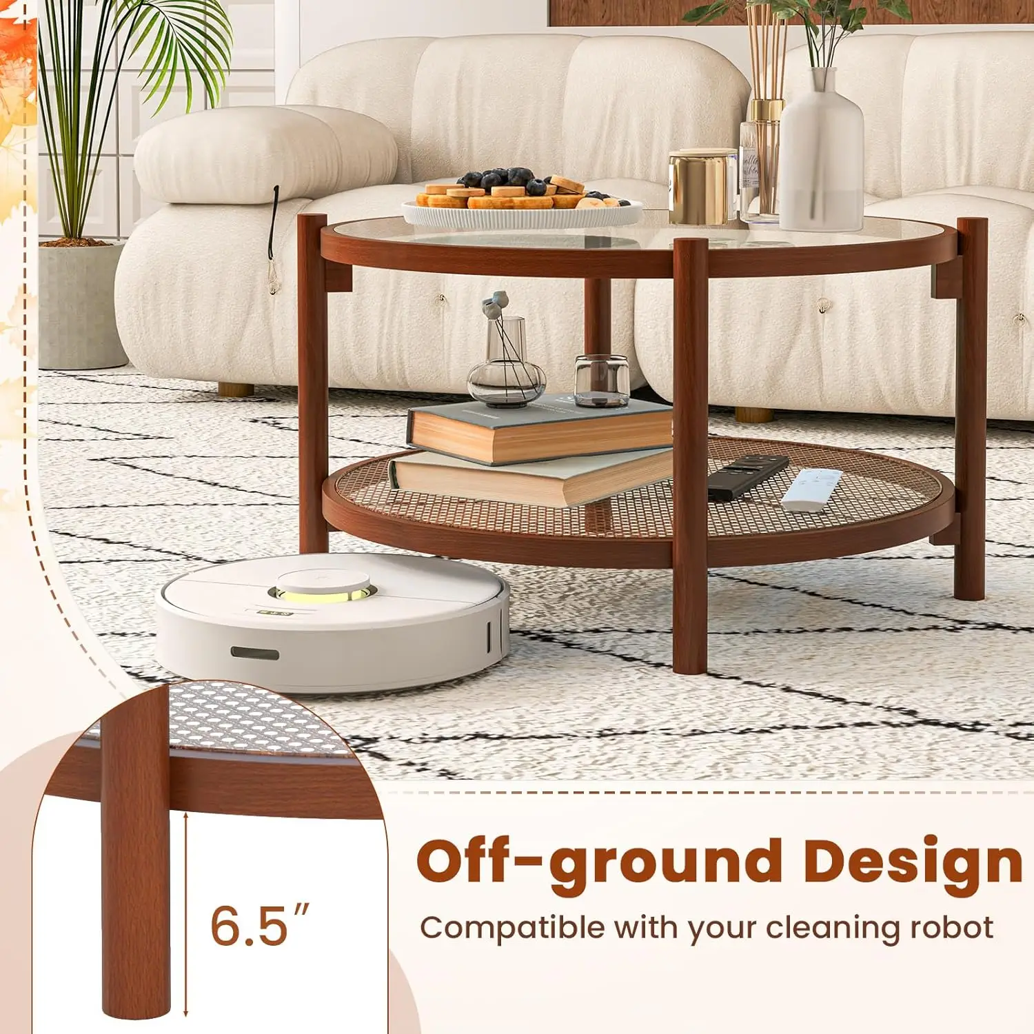 Boho 2-Tier Round Rattan Coffee Table - Glass Top with PE Rattan Storage Shelf & Wood Frame,