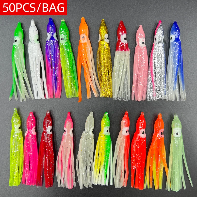 50PCS 5-12cm 20 Mixed Color Glowing Squid Fishing Lure Soft Rubber Octopus Squid Skirt Bait Sea Bass Tuna  Carp Fishing