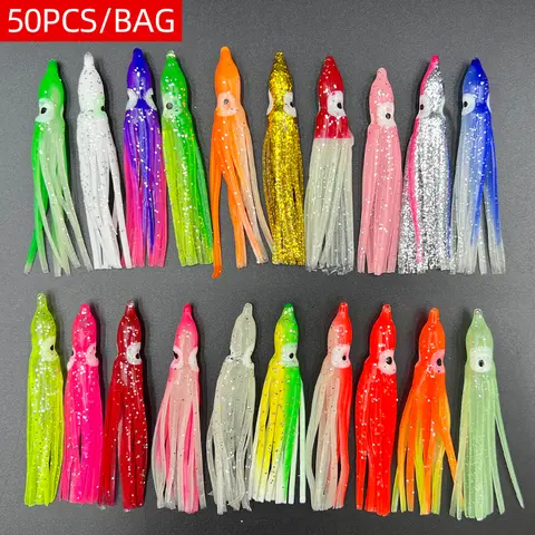 50PCS 5-12cm 20 Mixed Color Glowing Squid Fishing Lure Soft Rubber Octopus Squid Skirt Bait Sea Bass Tuna  Carp Fishing