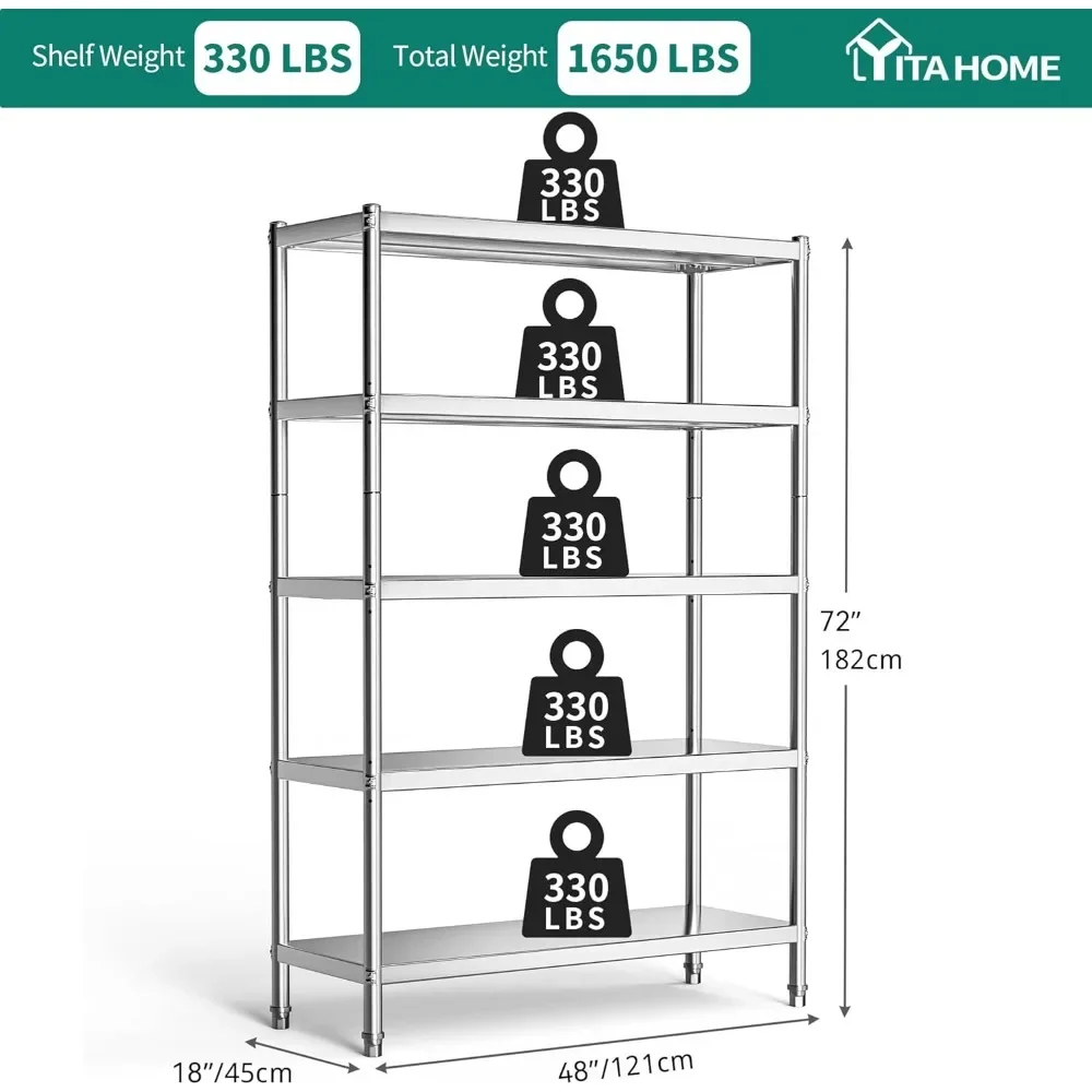 Stainless Steel Shelves, 5 Tier Storage Shelf, Heavy Duty Shelving for Kitchen Garage Office Restaurant Warehouse