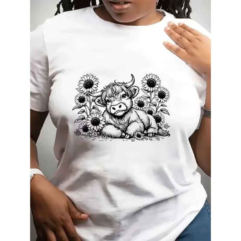 Cute Highland Cow Sunflowers Women's T-Shirt Western Farm Animal Print Short Sleeve Tee Casual Crew Neck Top for Summer Daily