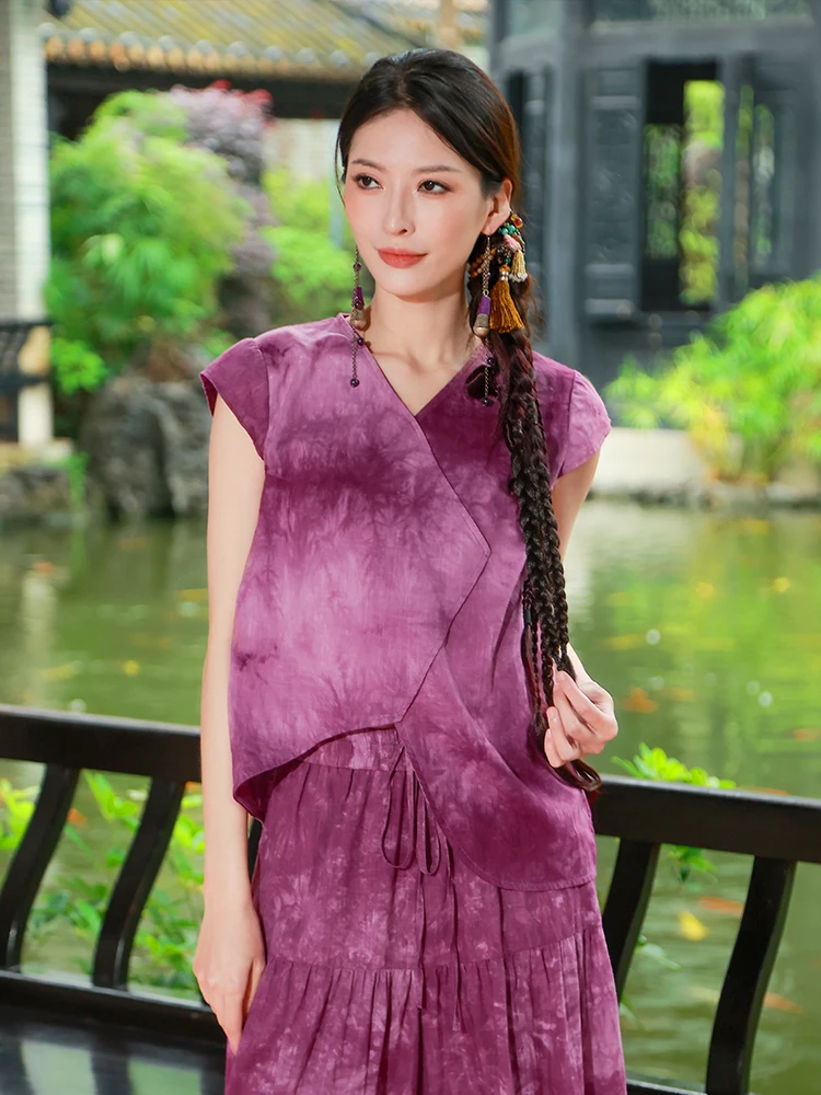 

Handmade Yang Li Original National Sle Purple V-ne Top Women's Spring Summer ort Sve Irregular Cover Sve