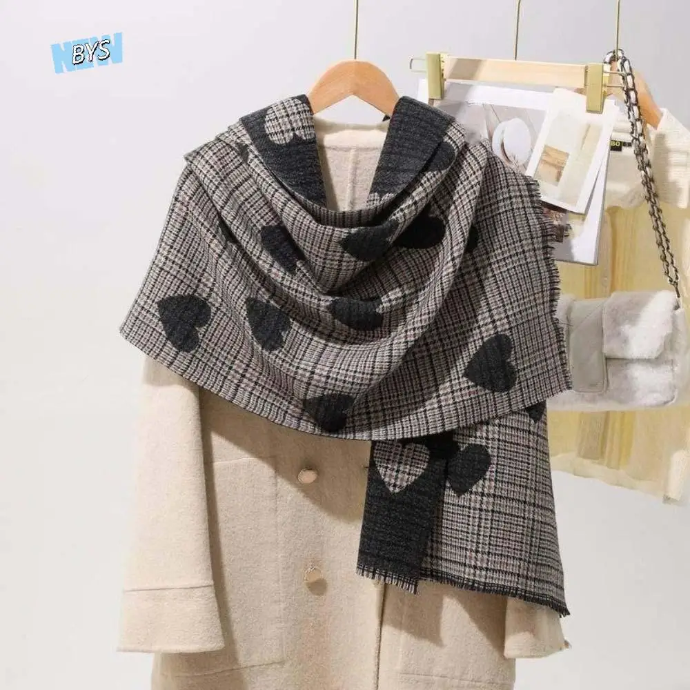 

Gift Acrylic Fibers Heart Knitted Scarf Soft Warmer Double-sided Scarf Tartans Printed Windproof Long Thickened Shawl Autumn