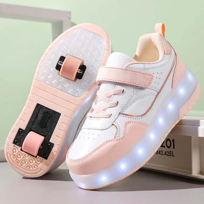 

Pink Fashion Girls Boys LED Light Roller Skate Shoes for Children Kids Sneakers with Wheels Two Wheels Sneakers for Boys Kids