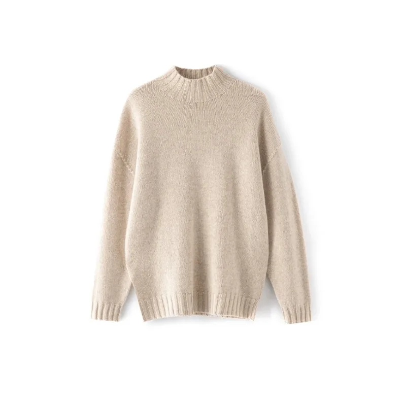 Half High Neck Seamless 100% Pure Wool Knitted Sweater Women Autumn Winter Thickened Soft Solid Color Pullovers