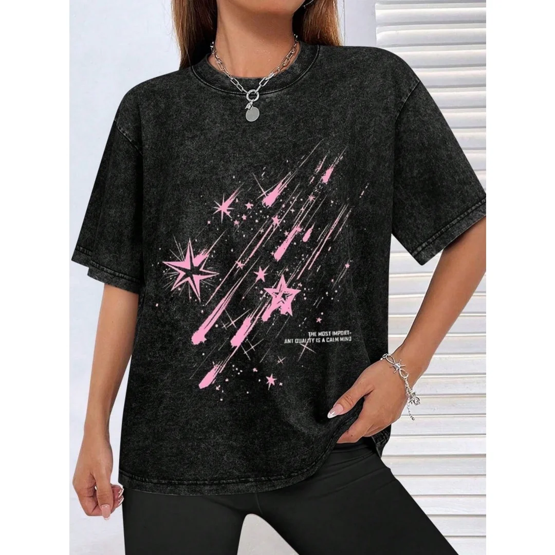 Women's Summer Crew Neck Short Sleeve T-shirt Vintage Washed Meteor Star Prin Loose Retro Street Top Fashion Casual Outfit