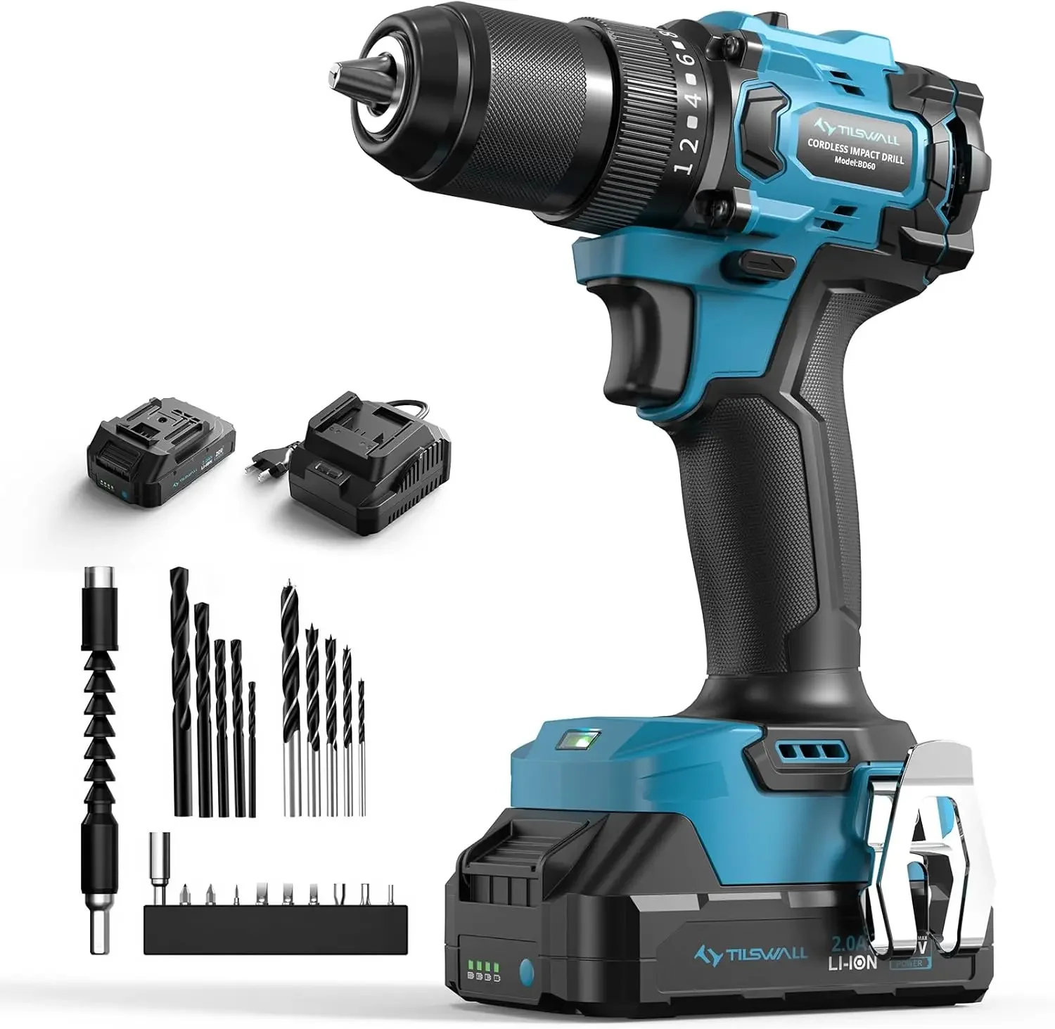 

20V Cordless Drill, Power Drill with 65N.m High Torque, 18+1 Torque Settings, 1/2-Inch Keyless Chuck, Two Variable Speed, Batter