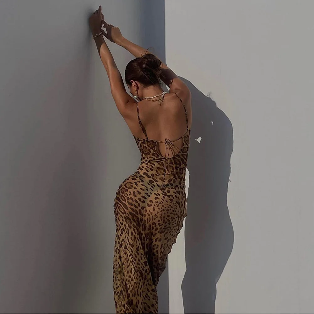 2025 Summer New Women's Spaghetti Strap Backless Bodycon Leopard Print Maxi Dress Sexy Party Evening Gown Fashion Chic Best Sell