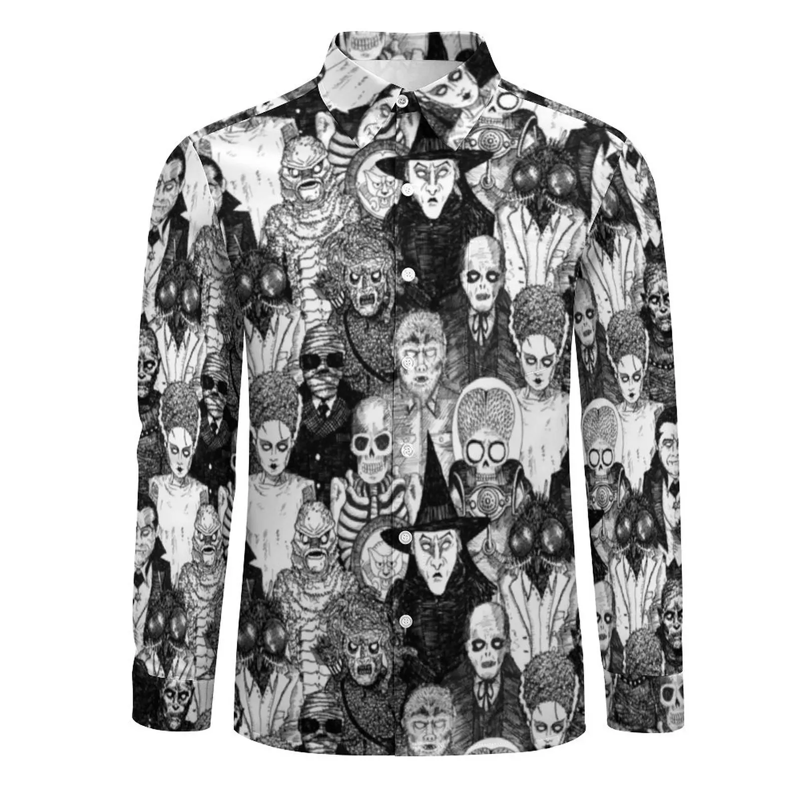 Men Shirt Skeleton Print Casual Shirts Long Sleeve Horror Monsters Streetwear Blouses Autumn Cool Graphic Oversized Clothes