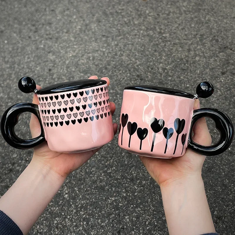 Black Polka Dot Ceramic Mug With Lid Spoon Funny Cup Personalized Gift Cute Mugs Coffee Cups Drinkware Cup for Tea Christmas Bar