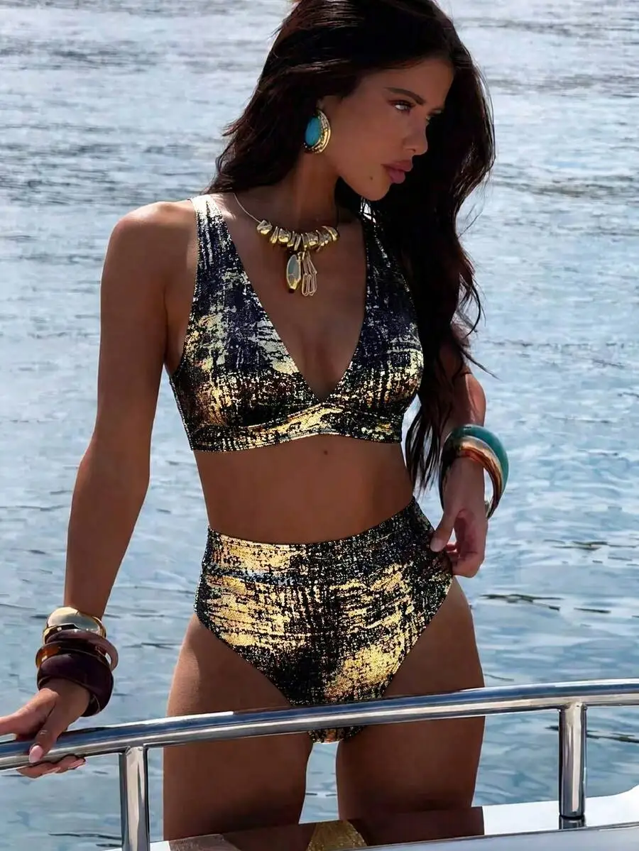 

Metallic Deep V-Neck Adjustable Strap High Waist Two Piece Bikini Set For Beach