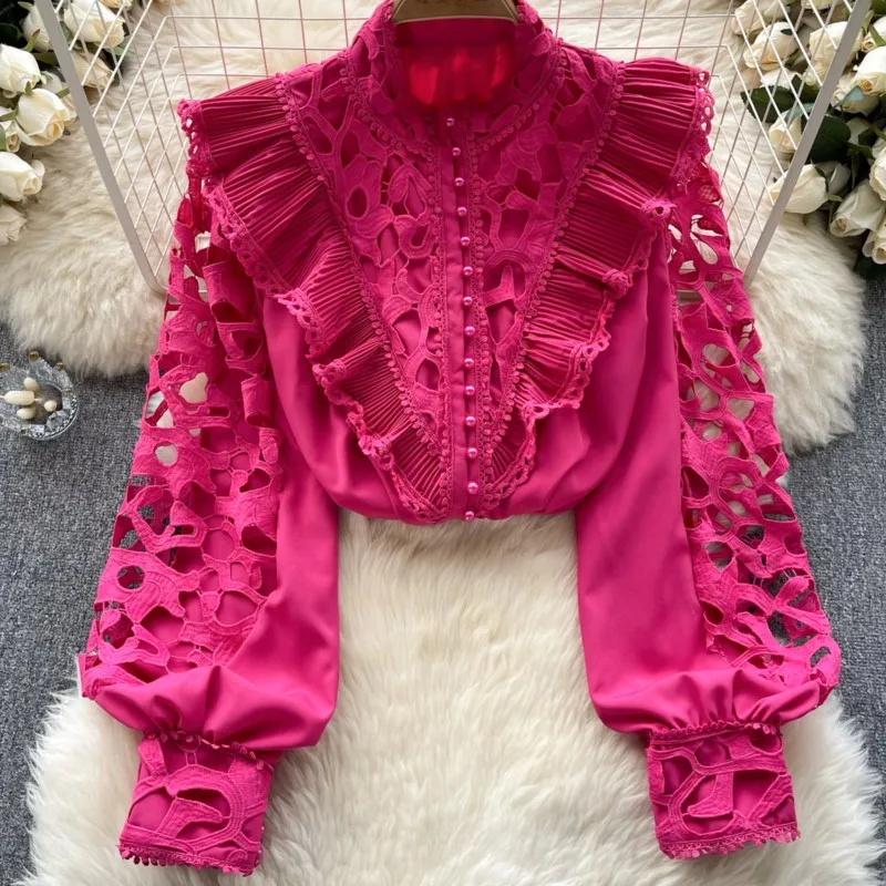 New Fashion Elegant Hallow Out Solid Tops for Women Vintage Sexy Casual Ruffler Shirts Blouses Long Sleeve Female Party Blusa