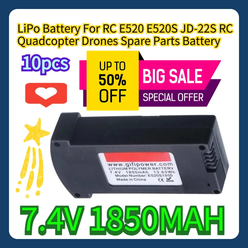 

10pcs 7.4V 1850MAH 25c LiPo Battery For RC E520 E520S JD-22S RC Quadcopter Drones Spare Parts Battery