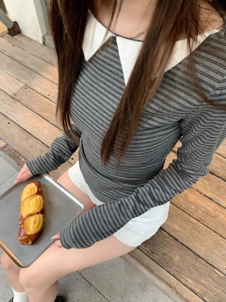 Camiseta de manga larga con cuello redondo a rayas Retro para mujer, nuevas camisas americanas ajustadas de otoño para mujer, Top informal Spice Girl Kawaii