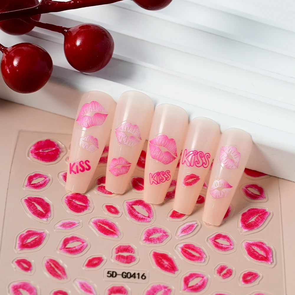 5D seksowne usta naklejki na paznokcie miłość serce litera "KISS" różowa róża czerwone usta naklejki na paznokcie walentynki DIY romantyczny Manicure suwaki