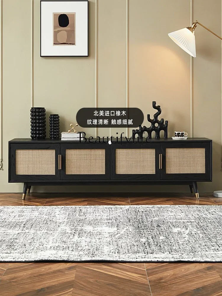 

Nordic Modern Retro TV Cabinet Rattan Black Floor Cabinet